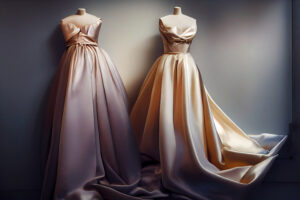 Premium bridal gowns displayed on mannequins for expert alteration and fitting services